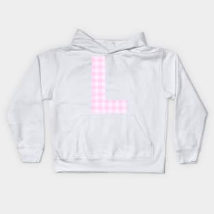 Pink Letter L in Plaid Pattern Background. Kids Hoodie